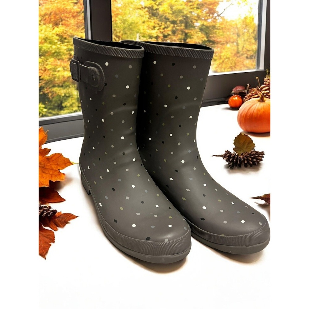 Chooka Rain Boots Polka Dot Mid Calf Charcoal Women's US Sz 9